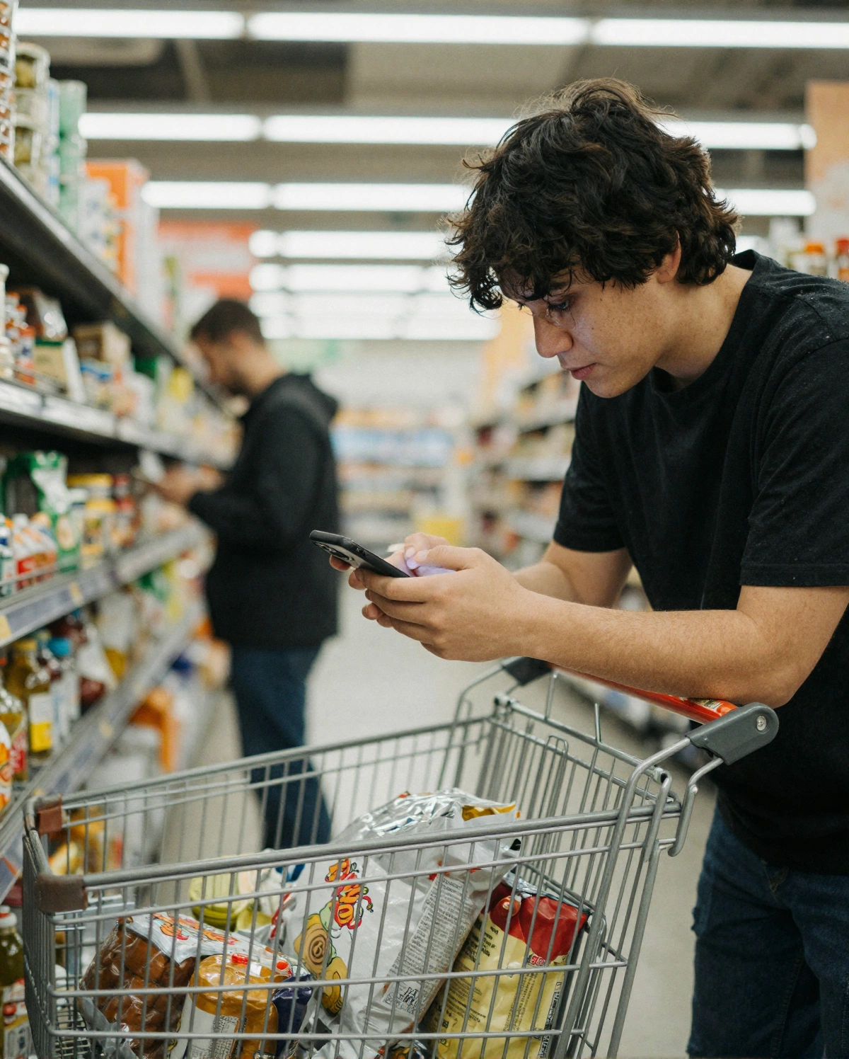 Over the shoulder view of shopper reviewing ingredient label with smartphone