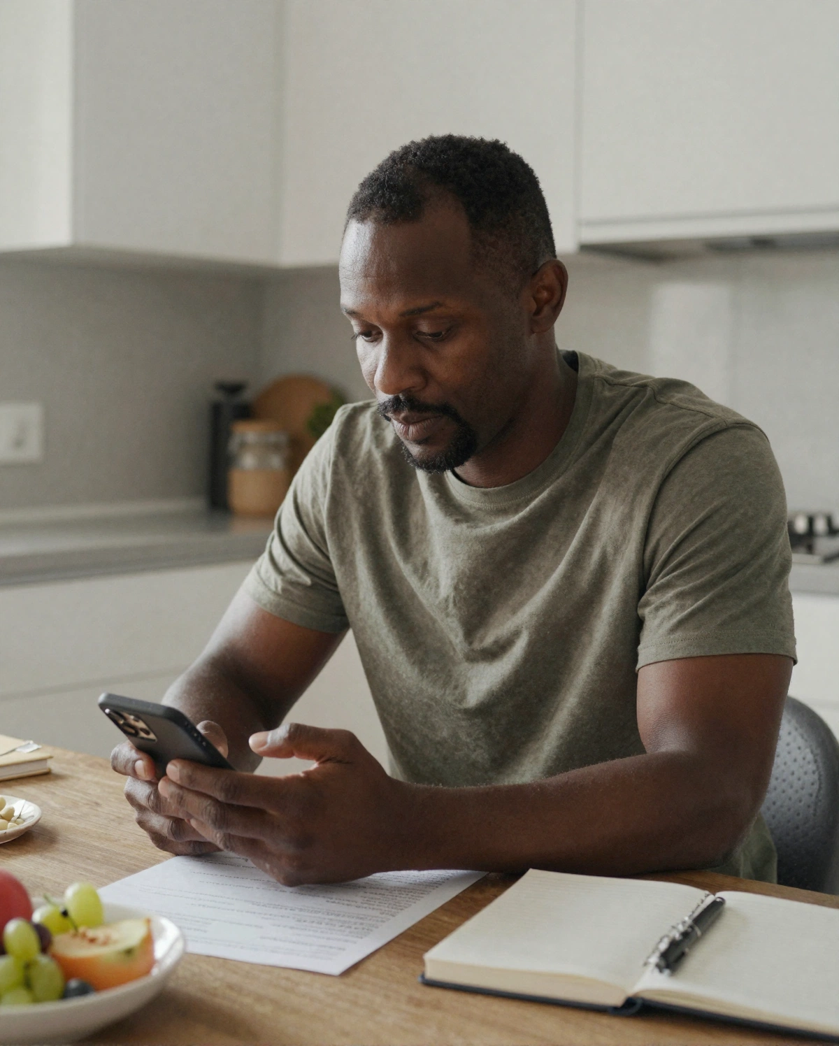 Adult verifying ingredient list beside notebook at kitchen table