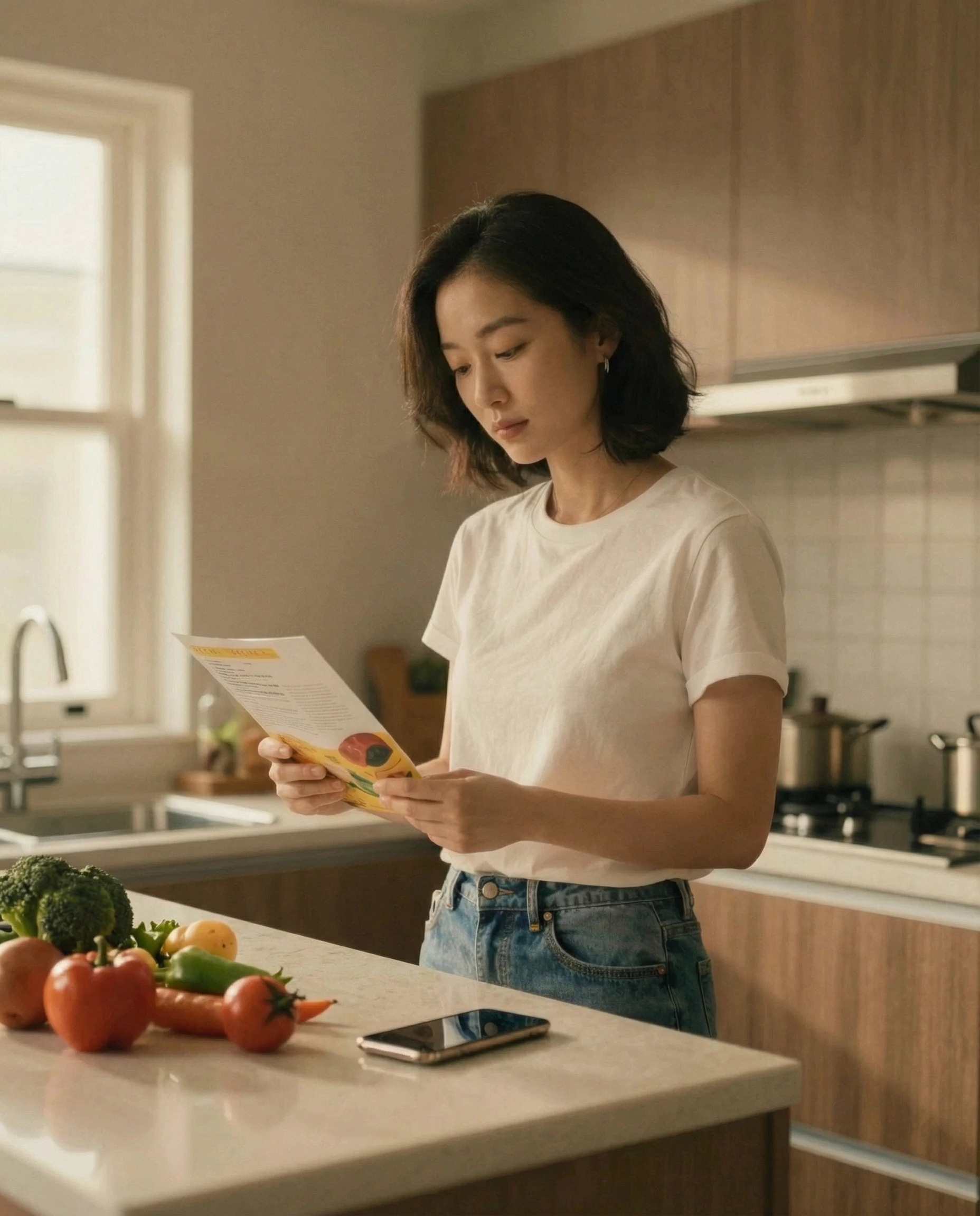 Person reviewing food label at kitchen counter during meal prep