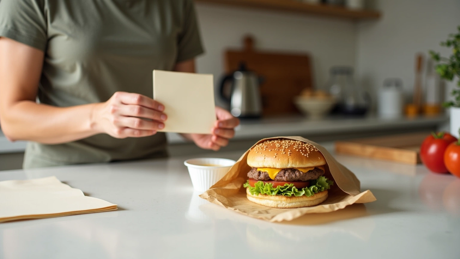 Person flipping order cards beside unbranded takeout bag on kitchen counter