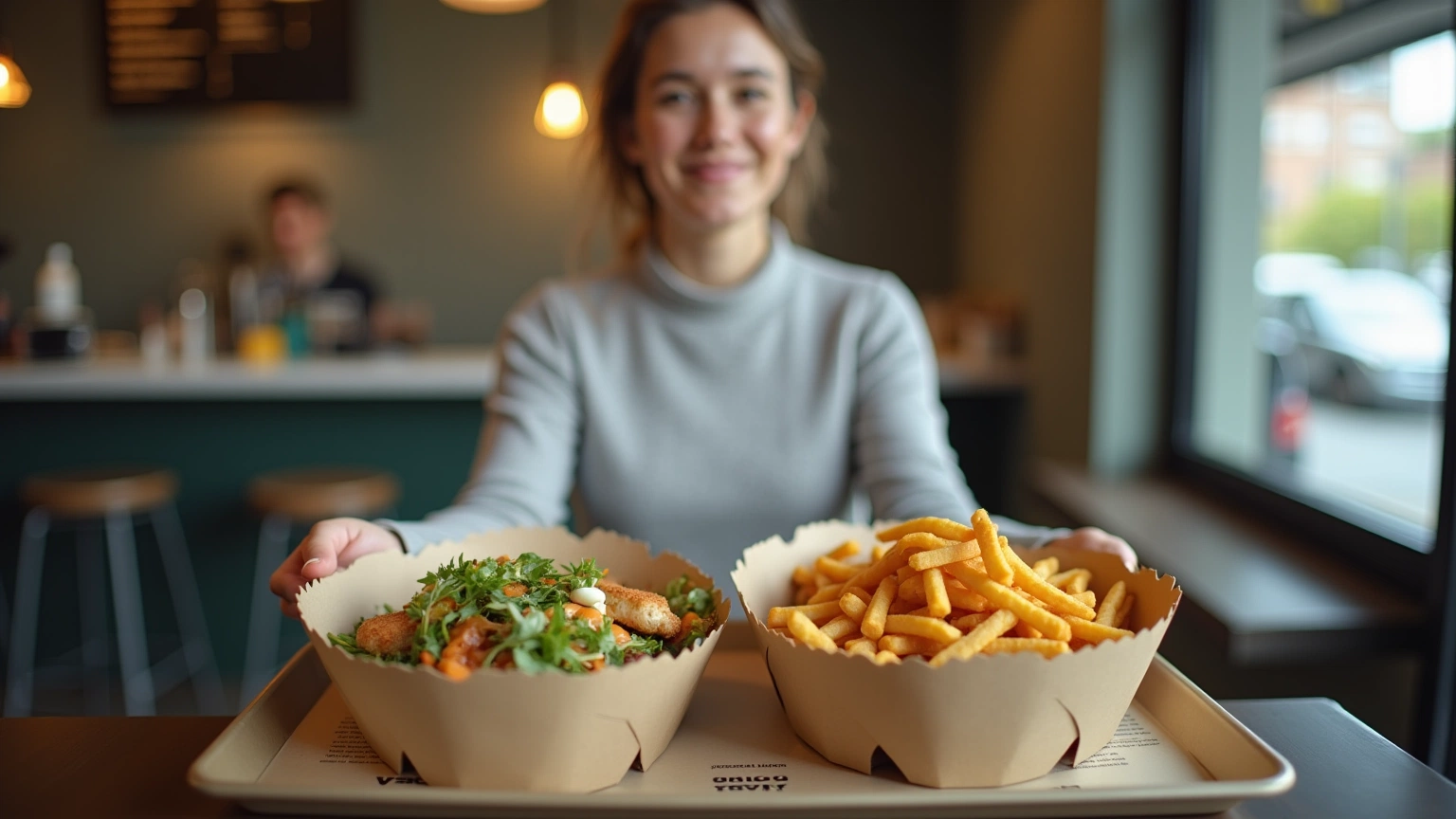 Person calmly comparing two unbranded fast-food meals at a counter