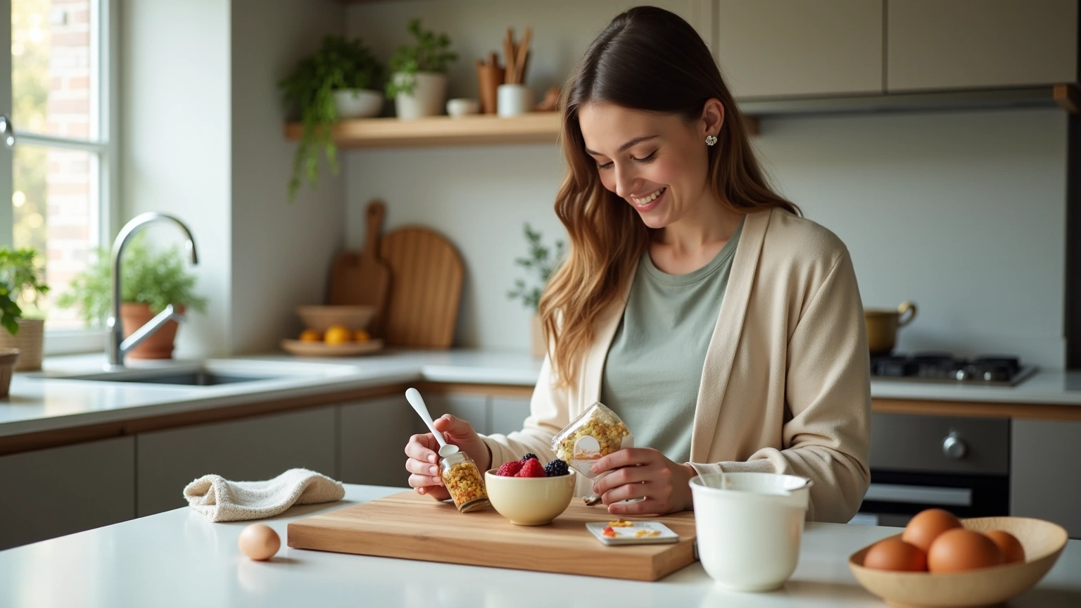 Person reading a breakfast label while packing a simple grab-and-go meal.