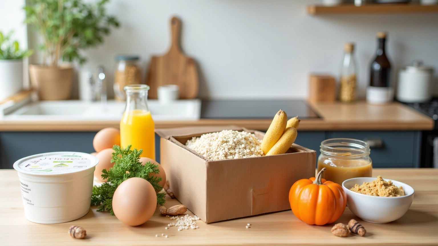 Clean grocery haul of simple-ingredient breakfast foods on a kitchen counter
