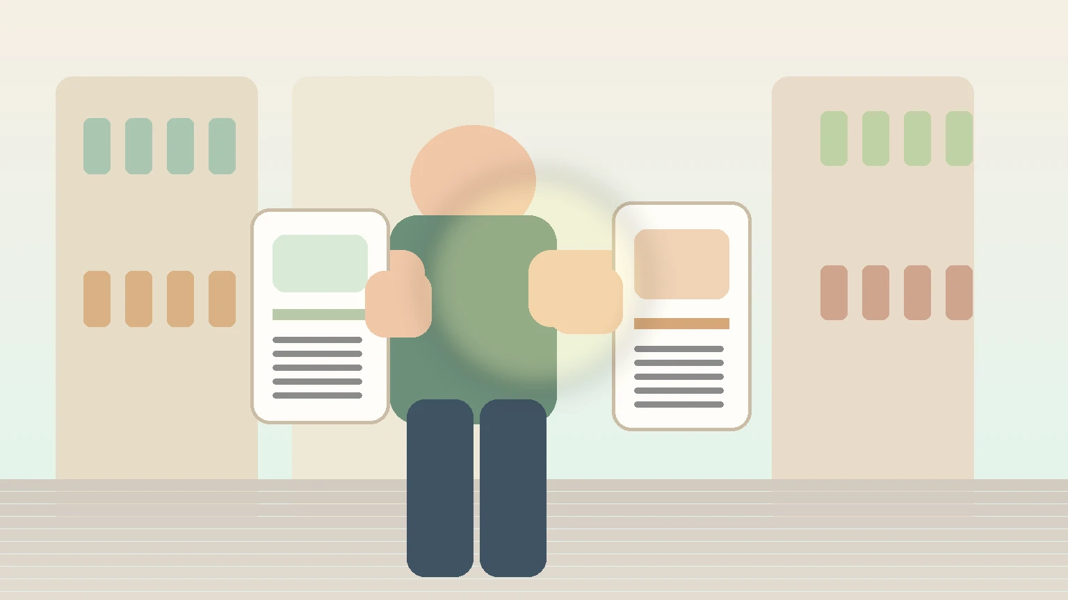 Shopper holding two packaged foods and comparing ingredient labels in a grocery aisle