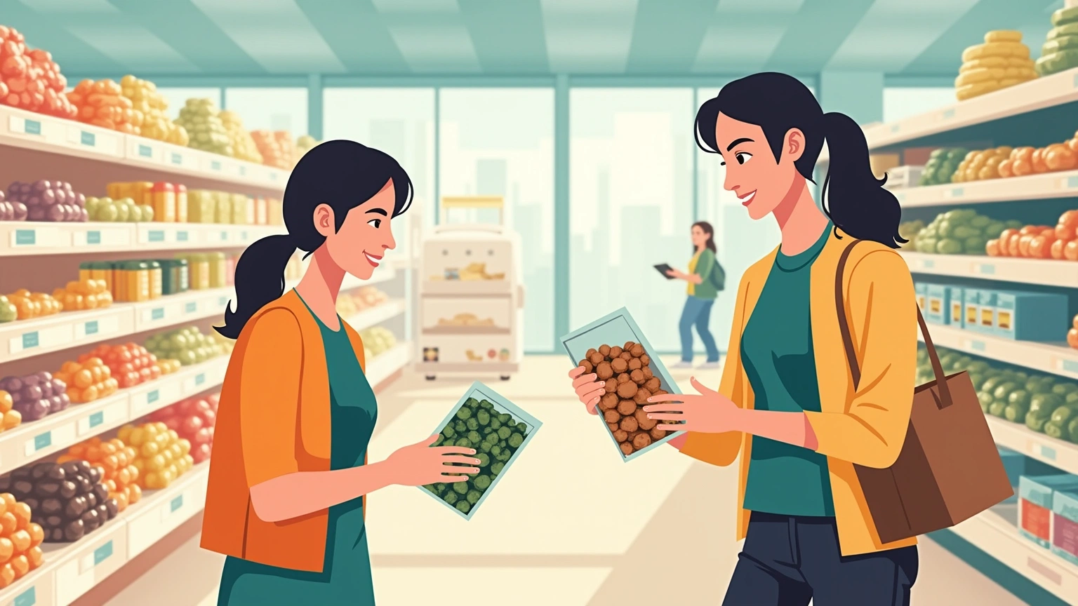 Shopper comparing two packaged foods while reading ingredient labels in a grocery aisle