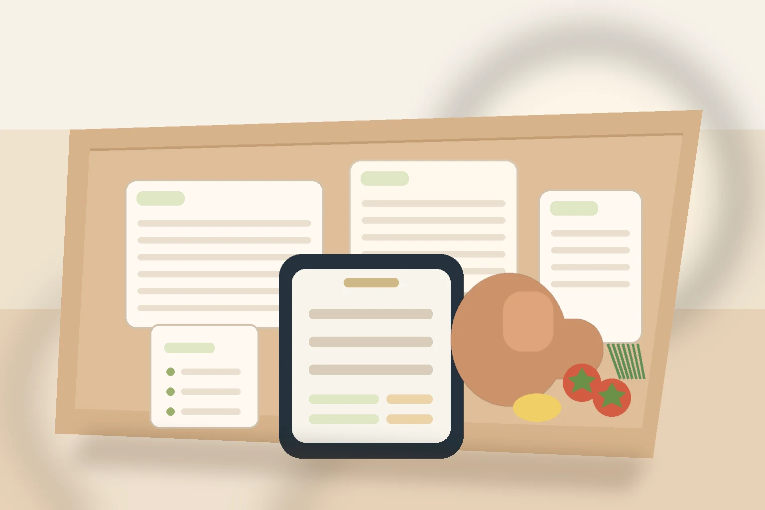 Person planning meals at a kitchen table while checking a recipe ingredient list on a phone