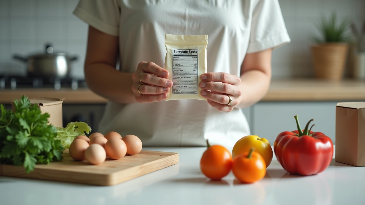 Person reading a package label beside neatly sorted groceries on counter